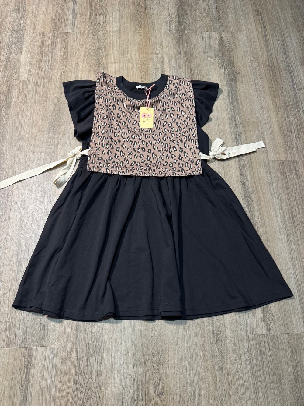 Entro Women's Black Dress with Leopard Print Bib and Cream Side Ties
